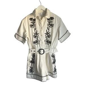 Belle Vere Romper Short Sleeve Linen Blend Cream Belted Floral Embroidery size S